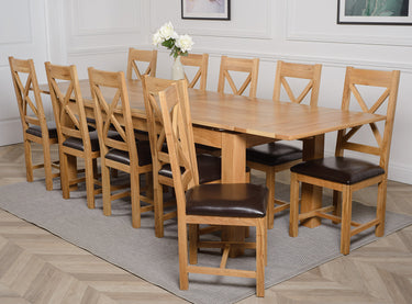 Richmond Large Oak Extending Dining Table with 10 Berkeley Oak and Brown Leather Chairs