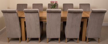 Richmond Large Oak Extending Dining Table with 10 Montana Grey Fabric Chairs