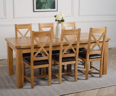 Richmond Large Oak Extending Dining Table with 6 Berkeley Oak and Brown Leather Chairs