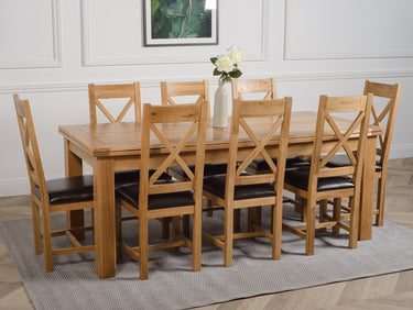 Richmond Large Oak Extending Dining Table with 8 Berkeley Oak and Brown Leather Chairs