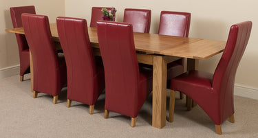 Richmond Large Oak Extending Dining Table with 8 Lola Burgundy Leather Chairs