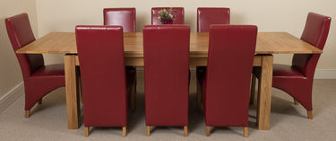 Richmond Large Oak Extending Dining Table with 8 Lola Burgundy Leather Chairs