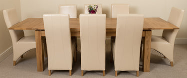 Richmond Large Oak Extending Dining Table with 8 Lola Ivory Leather Chairs