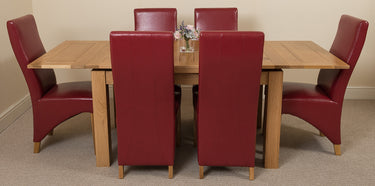 Richmond Medium Oak Extendable Dining Table with 6 Lola Burgundy Leather Chairs