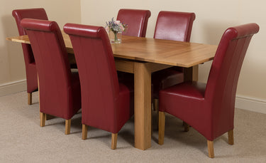 Richmond Medium Oak Extendable Dining Table with 6 Montana Burgundy Leather Chairs