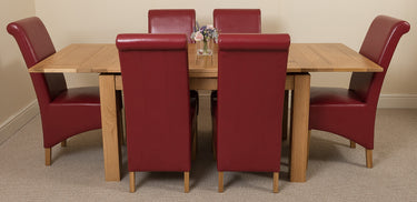 Richmond Medium Oak Extendable Dining Table with 6 Montana Burgundy Leather Chairs