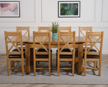 Richmond Medium Oak Extendable Dining Table with 8 Berkeley Oak and Brown Leather Chairs