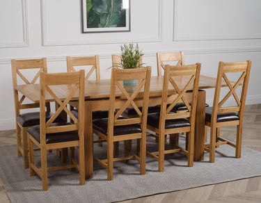 Richmond Medium Oak Extendable Dining Table with 8 Berkeley Oak and Brown Leather Chairs