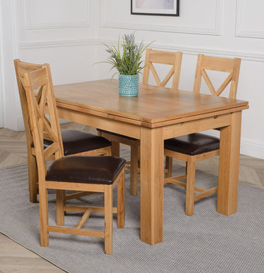 Richmond Medium Oak Extendable Dining Table with 4 Berkeley Oak and Brown Leather Chairs
