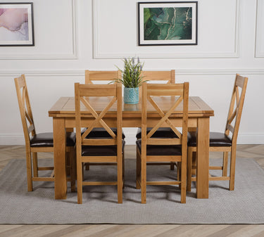Richmond Medium Oak Extendable Dining Table with 6 Berkeley Oak and Brown Leather Chairs