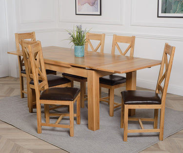 Richmond Medium Oak Extendable Dining Table with 6 Berkeley Oak and Brown Leather Chairs