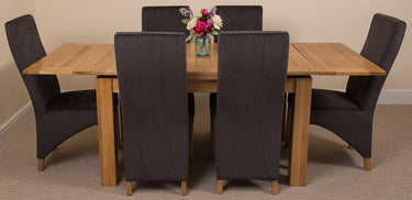 Richmond Medium Oak Extendable Dining Table with 6 Lola Black Fabric Chairs