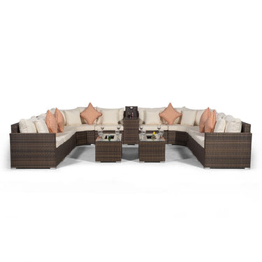 Santorini U Shape Modular 10 Seat Rattan Sofa Set With Armrest Drinks Cooler & 2 Drinks Cooler Coffee Tables - Brown
