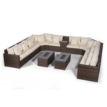 Santorini U Shape Modular 10 Seat Rattan Sofa Set With Armrest Drinks Cooler & 2 Drinks Cooler Coffee Tables - Brown