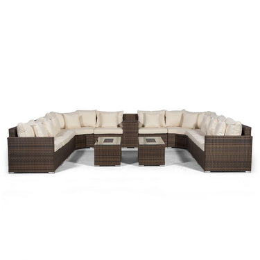 Santorini U Shape Modular 10 Seat Rattan Sofa Set With Armrest Drinks Cooler & 2 Drinks Cooler Coffee Tables - Brown