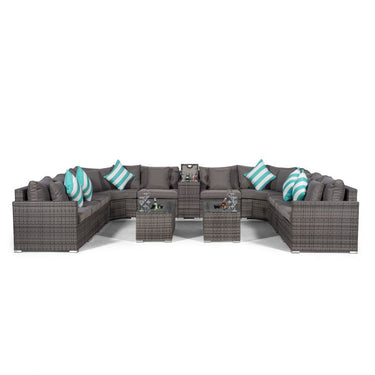 Santorini U Shape Modular 10 Seat Rattan Sofa Set With Armrest Drinks Cooler & 2 Drinks Cooler Coffee Tables - Grey