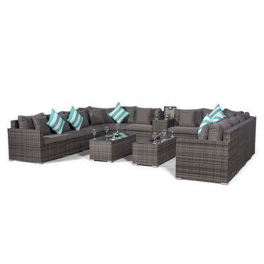 Santorini U Shape Modular 10 Seat Rattan Sofa Set With Armrest Drinks Cooler & 2 Drinks Cooler Coffee Tables - Grey
