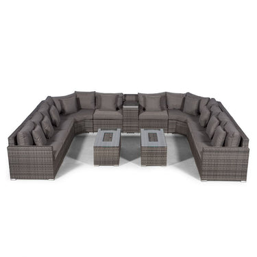 Santorini U Shape Modular 10 Seat Rattan Sofa Set With Armrest Drinks Cooler & 2 Drinks Cooler Coffee Tables - Grey