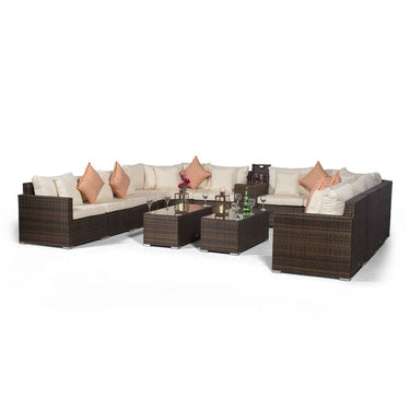 Santorini U Shape Modular 10 Seat Rattan Sofa Set With Armrest Drinks Cooler & 2 Coffee Tables - Brown