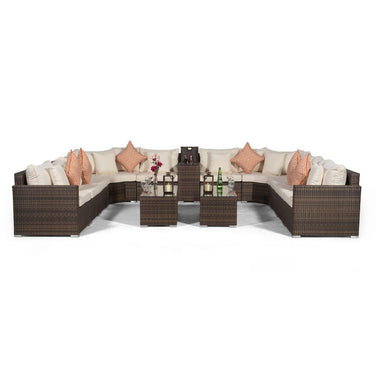 Santorini U Shape Modular 10 Seat Rattan Sofa Set With Armrest Drinks Cooler & 2 Coffee Tables - Brown