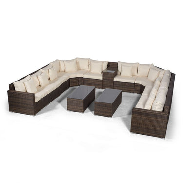 Santorini U Shape Modular 10 Seat Rattan Sofa Set With Armrest Drinks Cooler & 2 Coffee Tables - Brown