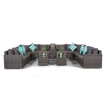 Santorini U Shape Modular 10 Seat Rattan Sofa Set With Armrest Drinks Cooler & 2 Coffee Tables - Grey