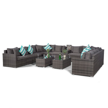 Santorini U Shape Modular 10 Seat Rattan Sofa Set With Armrest Drinks Cooler & 2 Coffee Tables - Grey