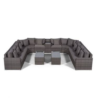 Santorini U Shape Modular 10 Seat Rattan Sofa Set With Armrest Drinks Cooler & 2 Coffee Tables - Grey