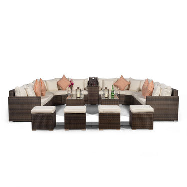 Santorini U Shape Modular 10 Seat Rattan Sofa Set With Armrest Drinks Cooler, 2 Coffee Tables & 4 Stools - Brown