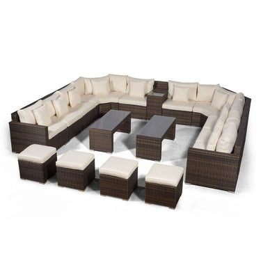 Santorini U Shape Modular 10 Seat Rattan Sofa Set With Armrest Drinks Cooler, 2 Coffee Tables & 4 Stools - Brown