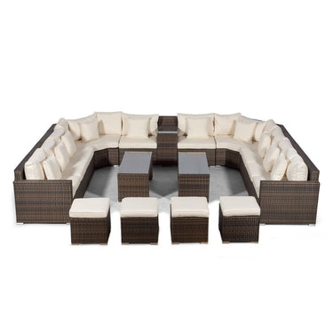 Santorini U Shape Modular 10 Seat Rattan Sofa Set With Armrest Drinks Cooler, 2 Coffee Tables & 4 Stools - Brown