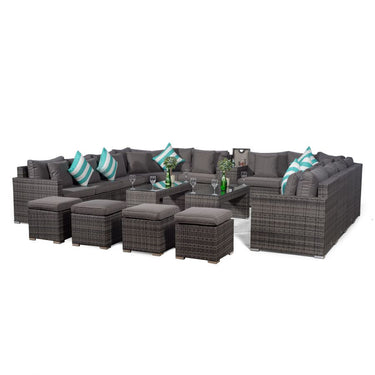 Santorini U Shape Modular 10 Seat Rattan Sofa Set With Armrest Drinks Cooler, 2 Coffee Tables & 4 Stools - Grey