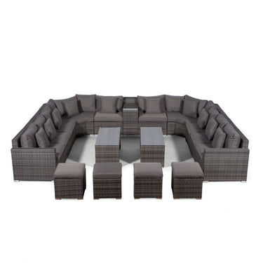 Santorini U Shape Modular 10 Seat Rattan Sofa Set With Armrest Drinks Cooler, 2 Coffee Tables & 4 Stools - Grey