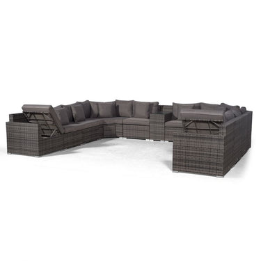 Santorini U Shape Modular 10 Seat Rattan Sofa Set With Armrest Drinks Cooler, 2 Coffee Tables & 4 Stools - Grey
