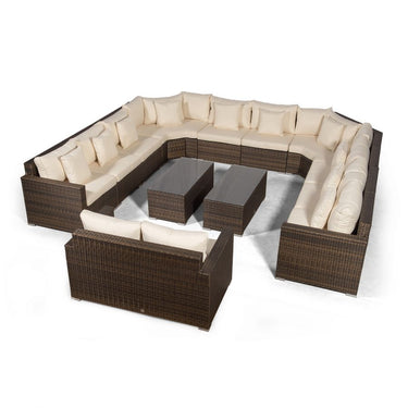 Santorini Modular 12 Seat Rattan Conversation Set With 2 Seater Sofa & 2 Coffee Tables - Brown