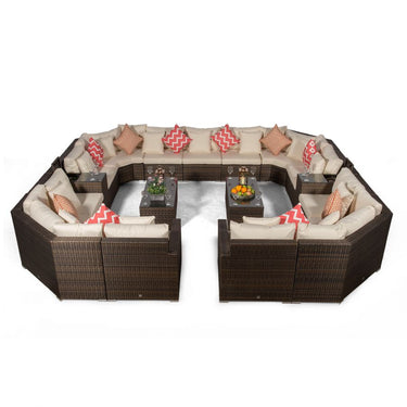 Santorini Modular 13 Seat Rattan Conversation Set With 2 Drinks Cooler Armrests & 2 Coffee Tables - Brown