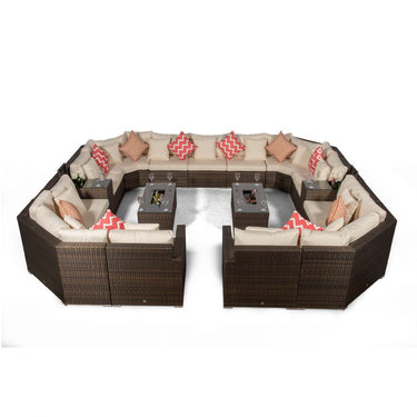 Santorini Modular 13 Seat Rattan Conversation Set With 2 Drinks Cooler Armrests & 2 Drinks Cooler Coffee Tables - Brown