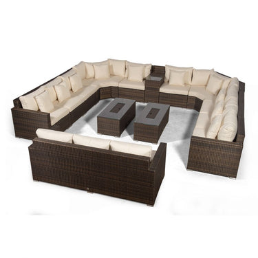 Santorini Modular 13 Seat Rattan Conversation Set With 3 Seater Sofa, Armrest Drinks Cooler & 2 Drinks Cooler Coffee Tables - Brown