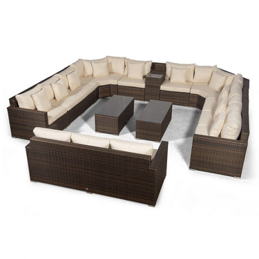 Santorini Modular 13 Seat Rattan Conversation Set With 3 Seater Sofa, Armrest Drinks Cooler & 2 Coffee Tables - Brown