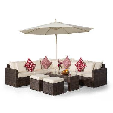 Santorini L Shape Modular 5 Seat Rattan Corner Sofa Set With Large Coffee Table & 2 Stools - Brown
