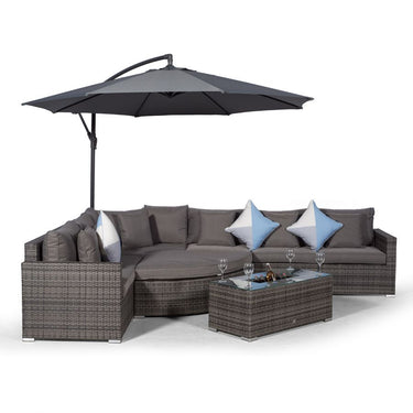 Santorini L Shape Modular 6 Seat Rattan Corner Sofa Set With Large Drinks Cooler Coffee Table & Daybed Ottoman - Grey