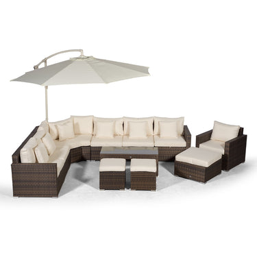 Santorini L Shape Modular 7 Seat Rattan Corner Sofa Set With Armchair, Large Coffee Table, 2 Stools & Ottoman - Brown