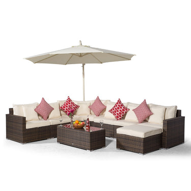 Santorini L Shape Modular 6 Seat Rattan Corner Sofa Set With Large Coffee Table & Ottoman - Brown