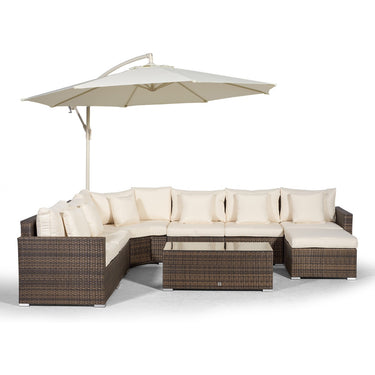 Santorini L Shape Modular 6 Seat Rattan Corner Sofa Set With Large Coffee Table & Ottoman - Brown