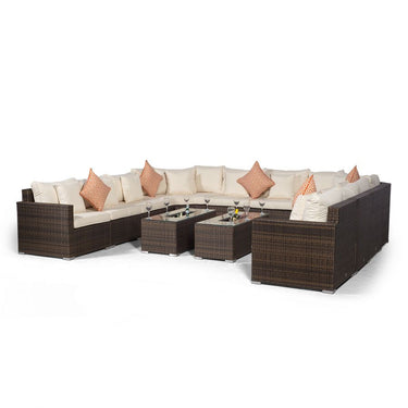 Santorini U Shape Modular 10 Seat Rattan Sofa Set With 2 Large Drinks Cooler Coffee Tables - Brown