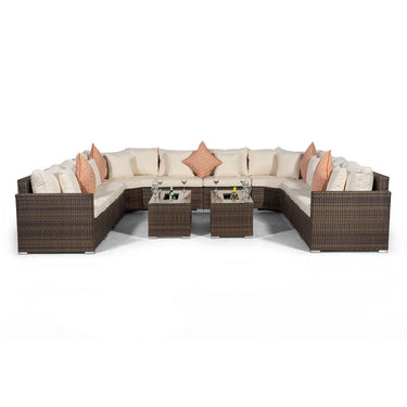 Santorini U Shape Modular 10 Seat Rattan Sofa Set With 2 Large Drinks Cooler Coffee Tables - Brown