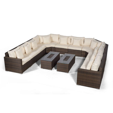 Santorini U Shape Modular 10 Seat Rattan Sofa Set With 2 Large Drinks Cooler Coffee Tables - Brown