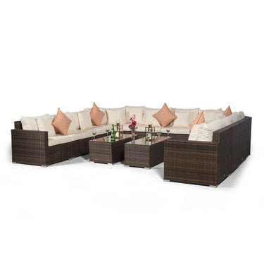 Santorini U Shape Modular 10 Seat Rattan Sofa Set With 2 Large Coffee Tables - Brown