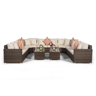 Santorini U Shape Modular 10 Seat Rattan Sofa Set With 2 Large Coffee Tables - Brown