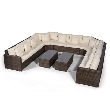 Santorini U Shape Modular 10 Seat Rattan Sofa Set With 2 Large Coffee Tables - Brown